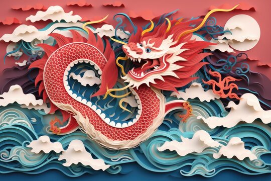 Whimsical layered paper cut craft depicting chinese zodiac dragon with ocean waves and clouds for chinese new year