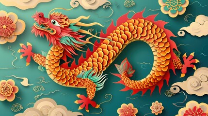 Elegant layered paper cutting of chinese zodiac dragon with ocean waves and clouds for chinese new year
