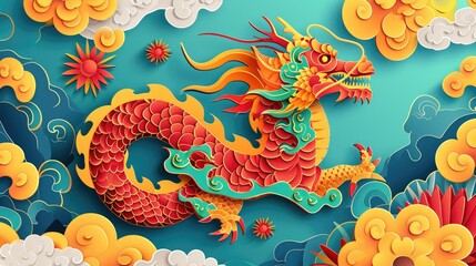 Obraz na płótnie Canvas Creative paper cut craft depicting chinese zodiac dragon with ocean waves and clouds for chinese new year
