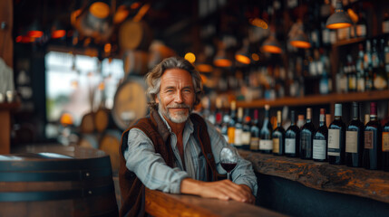 Fototapeta premium Mature man tasting wine at bar.