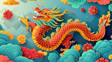 Sea and cloud papercut dragon for chinese new year celebration