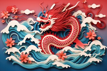 Fototapeta na wymiar Chinese dragon papercut with wave and cloud decoration for new year