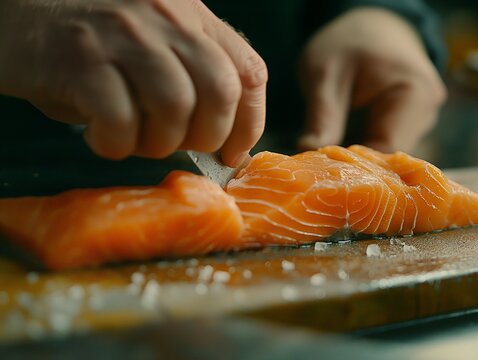 Chef's hands slicing salmon, close-up