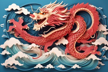 Fototapeta na wymiar Paper cut art of chinese dragon with cloud and wave patterns, chinese dragon papercut wallpaper