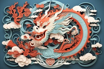 Fototapeta na wymiar Wave and cloud paper cut ornaments with chinese dragon, chinese dragon paper cut wallpaper