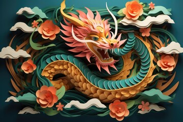 Chinese dragon papercut artwork with cloud and wave patterns, chinese dragon paper cut wallpaper