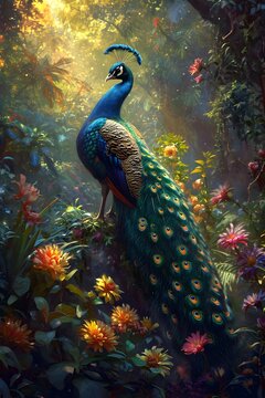 Peacock with beautiful feather in Tropical Jungle Forest Wallpaper