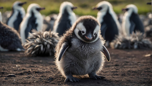 A close-up of a penguin chick sitting on the ground with its fluffy front feathers, peering at the camera.