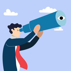 Business person looking through telescope to the future for business growth or forecasting concept , Sales person looking for sales leads concept, Business Person looking to future of career