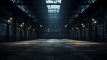 Fototapeta na wymiar Three-dimensional render of dark empty warehouse.