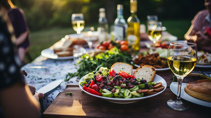 Friends enjoying outdoor dining with wine and a spread of food at sunset