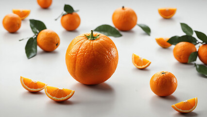 Oranges neatly arranged on a plain solid white background