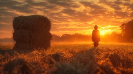 Figura humana campesino, con sombrero, mirando el atardecer, en el exterior, prado sembrado, dorado, agricultura, recogiendo siembra, vida rural, cereales vida sana, puesta de sol pradera, fardos paja - obrazy, fototapety, plakaty
