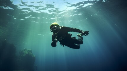 A male scuba diver exploring the ocean swims underwater in special protective clothing
