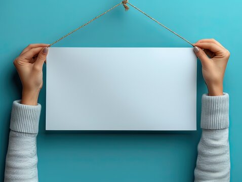 Cartel en blanco, mensaje, fondo turquesa, sujeto por dos manos, papel o nota, mensaje publicitario, recurso gr&aacute;fico, aviso, colgado en la pared, ayuda, se&ntilde;a notificaci&oacute;n visual, comunicaci&oacute;n efectiva
