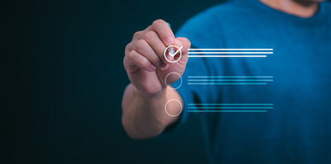 Fototapeta premium Businessmen mark check blocks to verify the correctness and approve or accept the agreement. in digital documents Concept of working via the internet