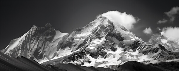 Panoramic picture black and white mountains with snow