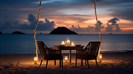 Beach dinner setup with lights and island silhouette at sunset