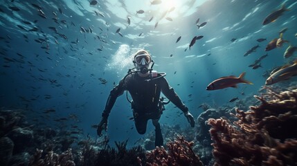 A male scuba diver exploring the ocean swims underwater at the bottom of the sea with coral reefs and fish in a special protective suit.