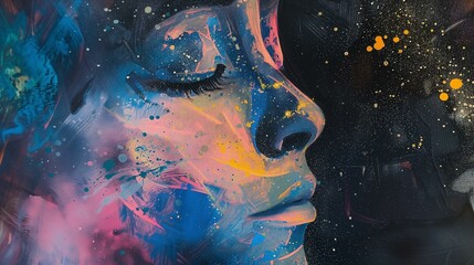 Abstract Portrait of Woman with Starry Paint Splatter