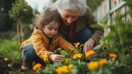Generations of Gardeners: Passing on wisdom, grandmother teaches granddaughter how to plant flowers - obrazy, fototapety, plakaty