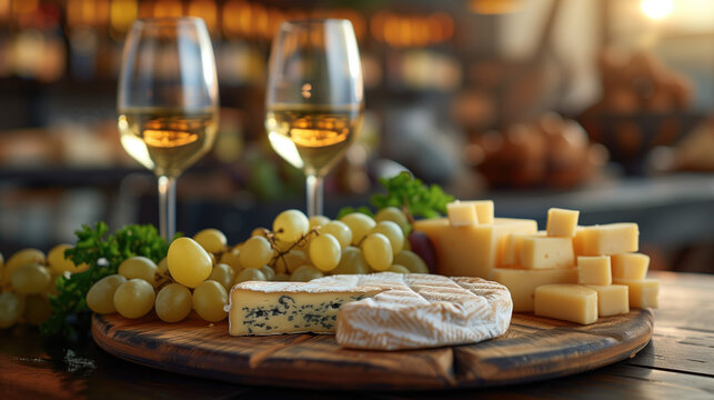 Various types of cheese on the plate and white wine