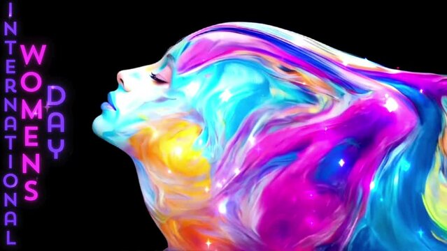 Animated Happy International Women's Day video, woman's head with animation of long, colorful hair in a fluttering fluid texture style, glowing particles and animated purple and pink text