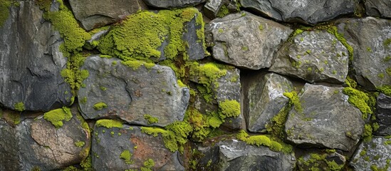 A detailed shot of a moss-covered stone wall, showcasing the intricate patterns created by the interplay of bedrock, plants, and terrestrial vegetation.