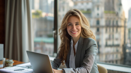 Fototapeta na wymiar Smiling businesswoman working on laptop at her office desk