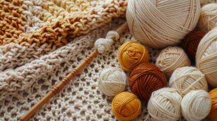 Fototapeta na wymiar Pile of Yarn Balls Next to Knitting Needle