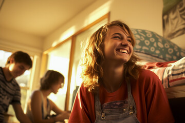 Teenagers in student dormitory, hostel accommodation, high school students, learning environment