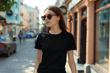Fototapeta premium Young Model Shirt Mockup, woman wearing black t-shirt on street in daylight