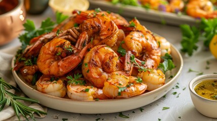 Plate of Shrimp With Lemons and Herbs