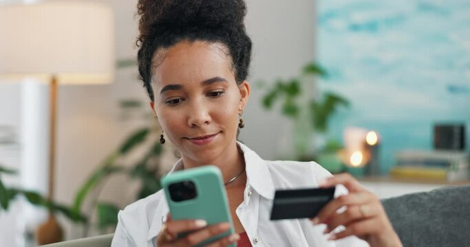 Woman, smartphone and credit card for home online shopping, e commerce sign up and fintech payment on sofa. African person with mobile to check balance, internet banking or subscription for premium