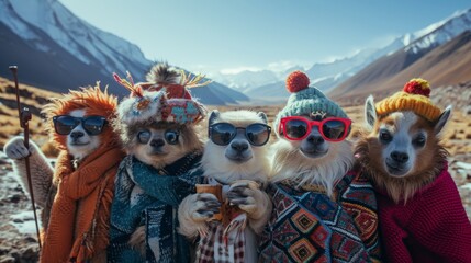 Group of chihuahua dogs wearing warm clothes and hats in Himalayas