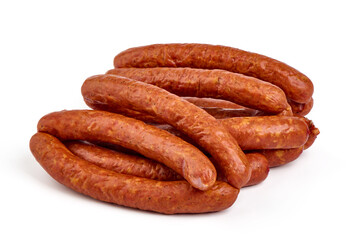 Long thin smoked sausages, isolated on white background.