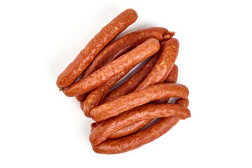 Smoked sausages, isolated on white background. High resolution image.