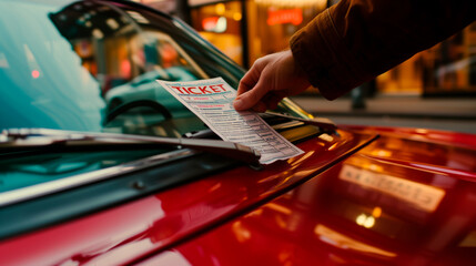 Hand placing parking ticket on car windshield.