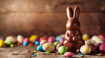 Chocolate Easter bunny among colorful candy eggs, festive holiday treat.