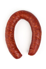 Smoked pork sausage ring, isolated on white background. High resolution image.