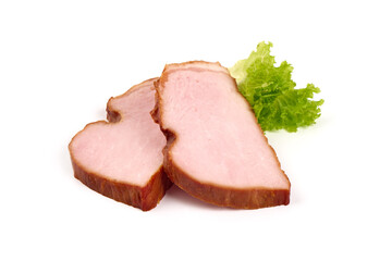 Sliced smoked pork loin, pork meat, isolated on white background.