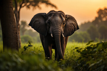 elephant in the sunset - obrazy, fototapety, plakaty
