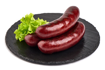 Grilled german bratwurst sausages, isolated on white background.