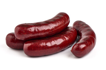 Grilled german bratwurst sausages, isolated on white background.