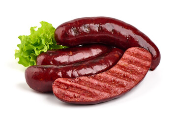 Roasted bbq german sausages, isolated on white background.