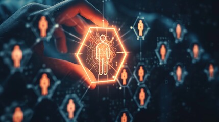 HR requirement . Abstract 3d human hand hold leader icon in hexagon on top of people pyramid. Manage human resources, team leader, recruitment process, change personnel, career growth, leadership