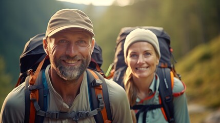 Fototapeta premium Couple in light activity as individuals or in pairs ie hiking, Nordic Walking or outdoor activities, nature, lifestyle, trek, hiking, forest, woman, active, outdoors, adventure