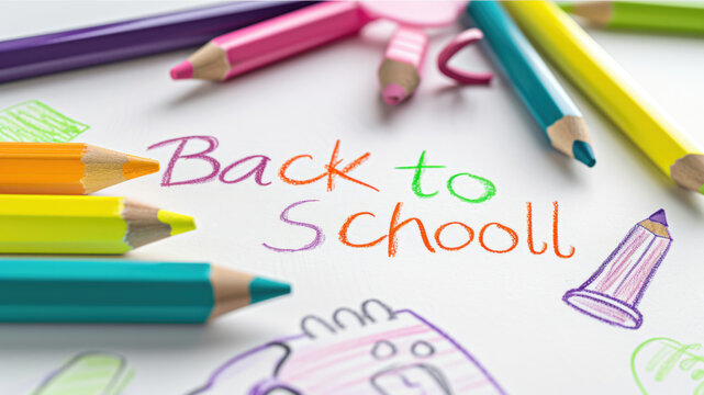 Children's drawing multi-colored pencils. Back to school text on white paper background. Kids going to learn. Educational poster. Colorful lettering. Child ready to study. Parents buy items for school