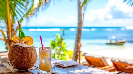 Schilderijen op glas Kokos am Strand. Kaltes Getränk in den Tropfen.  © shokokoart