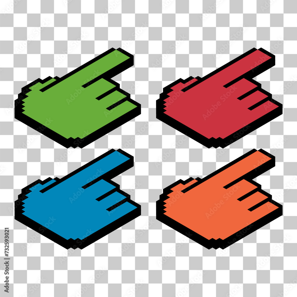 Poster set of finger ixometric pixel, web cursor click mouse symbol, computer pointer vector illustration